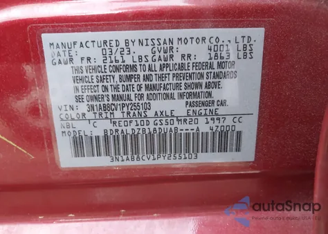 2023 Nissan Sentra Sv Xtronic Cvt z USA, uszkodzony, nr VIN 3N1AB8CV1PY255103